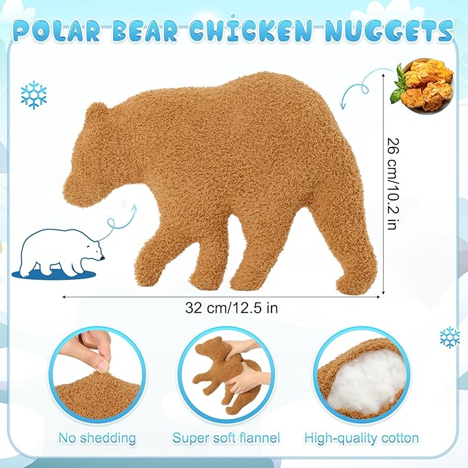Jenaai 2 Pcs Valentines Gift Pillow Bear Nugget Pillow, 14 Inch Funny Fried Chicken Throw Plush Brown Decorative Polar Bear Stuffed Animal Birthday Gift Idea for Winter Party Room Decoration