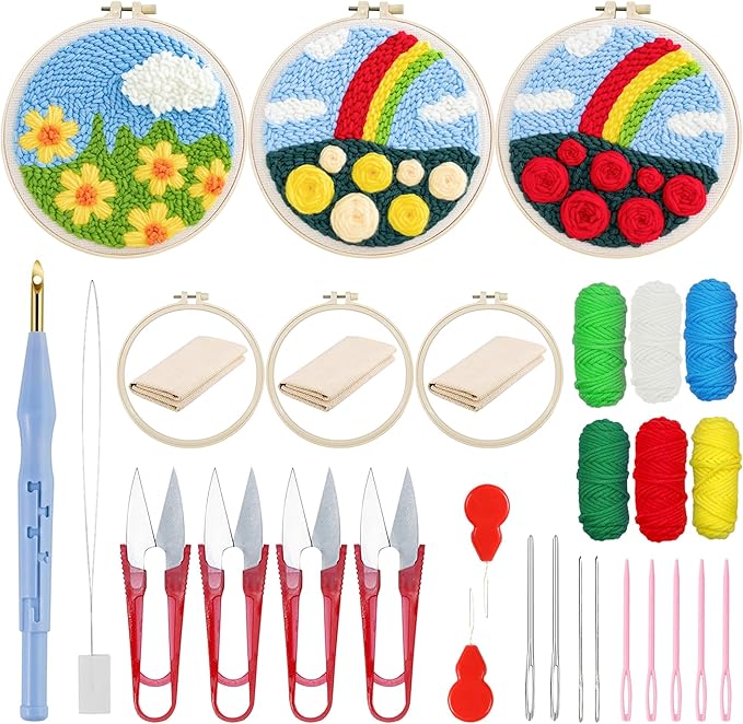 Woohome Punch Needle Kit Included Plastic Hoops, Punch Needle Cloth, Color Yarn and Punch Needle Tools for Adults, Beginners (Rainbow and Flowers)