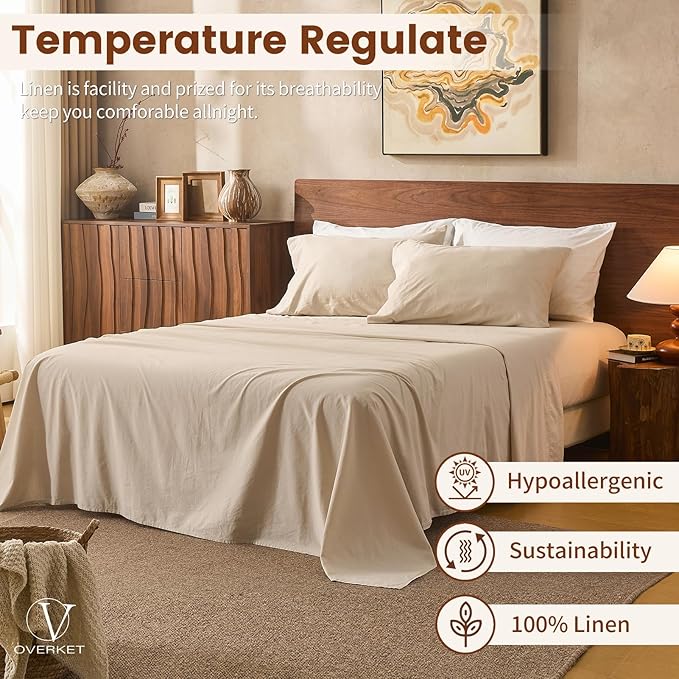 100% Linen Sheets California King Size,Breathable & Durable 4-Piece Bed Flax Sheet Set,Soft All-Season Bedding for Hot Sleepers 16" Deep Pocket Oeko-TEX Certified,（Cal King, Linen）