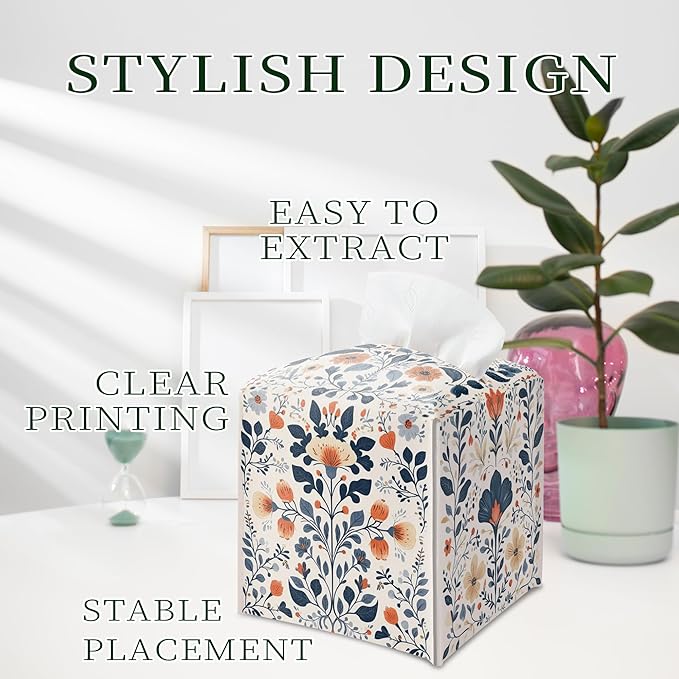 Floral Tissue Box Holder, Scandinavian Leather Tissue Box Cover Square, Paper Napkins Everyday Dispenser for Bathroom Vanity Countertop Night Stands Kitchen Office Car Home Decor