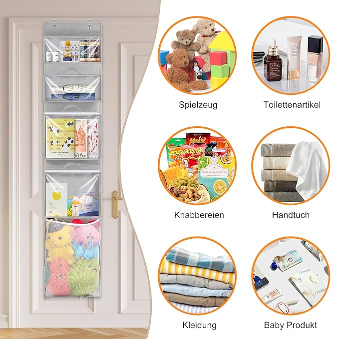 Woodoulogy Over Door Organizer and Storage, Hanging Toy Holder with 4 Clear Removable Pouches, Toddler Room Wall Stuffed Animal Bag Case, Kids Playroom Closet Organization for Building Block, Puzzle