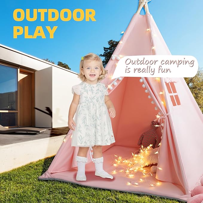 RONGFA Teepee Tent for Kids with Mat, Star Lights, Carry Case, Cotton Canvas Playhouse, Foldable Tents, Portable Children Play Tent Indoor Outdoor (Pink)