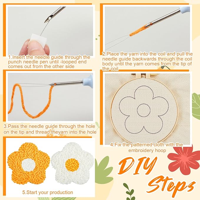 Preboun 8 Pcs Flower Punch Needle Coaster Kit, Punch Needle Embroidery Kit for Adults Beginners, DIY Supplies Tufted Coasters Including Yarns Hoop Tools