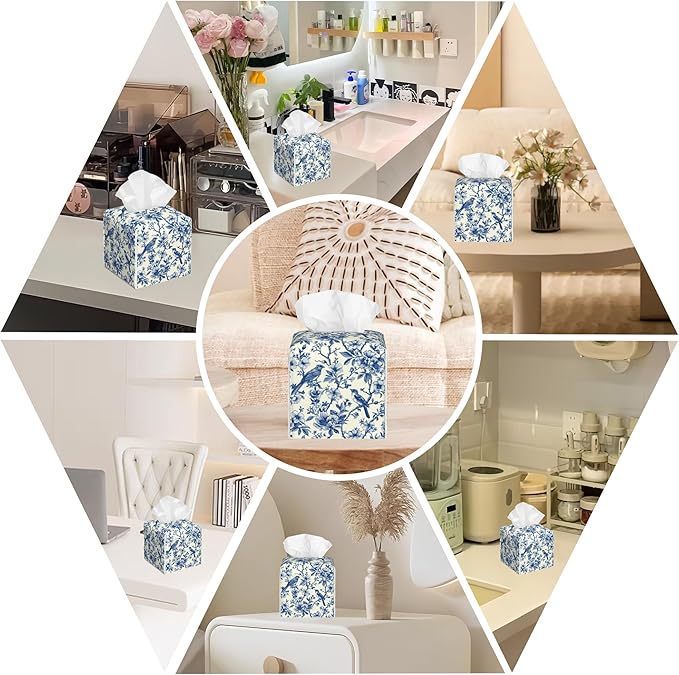 BLYKVGHQ Bird on Blooming Branches Tissue Box Cover Square, Blue Flower Tissue Box Holder with Bottom Belt Leather Facial Paper Organizer Dispenser for Bathroom Bedroom Dresser Night Stand Tabletop