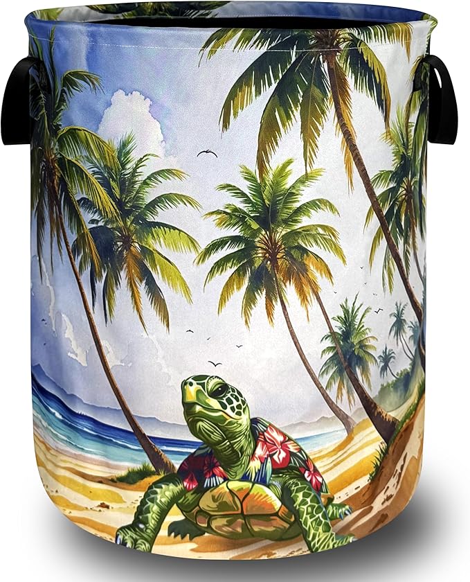 Hawaiian Beach Sea Turtle Laundry Basket Oxford Cloth Turtles Laundry Hamper With Handle Portable Clothes Storage Basket Foldable Funny Laundry Bag 18.9"x16.5" For Laundry Room/Bedroom/Bathrooms