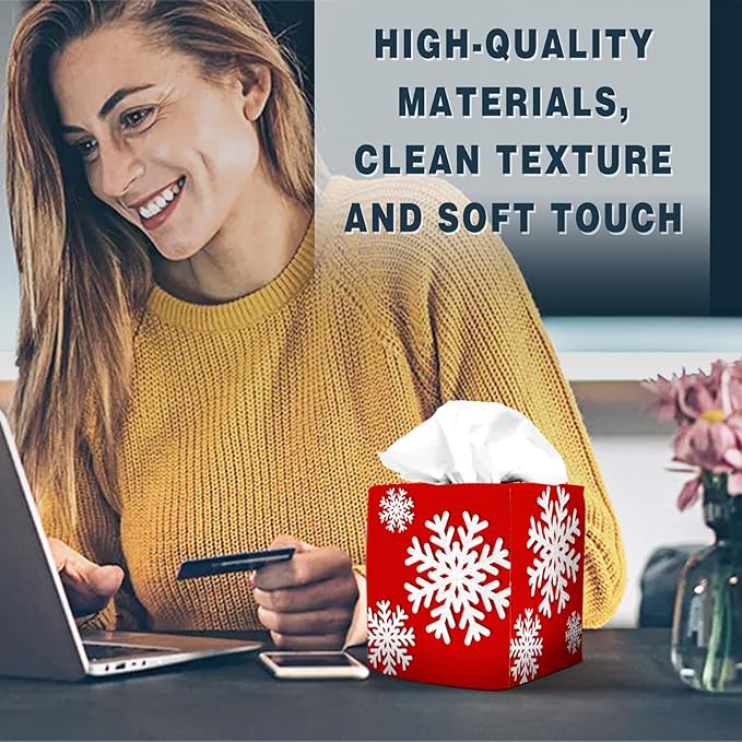 Tissue Box Cover Square Decorative Tissue Box Holder Cute Funny Cube Tissue Case Cover-Xmas Decor Christmas Snowflake Red Tissue Box Cover