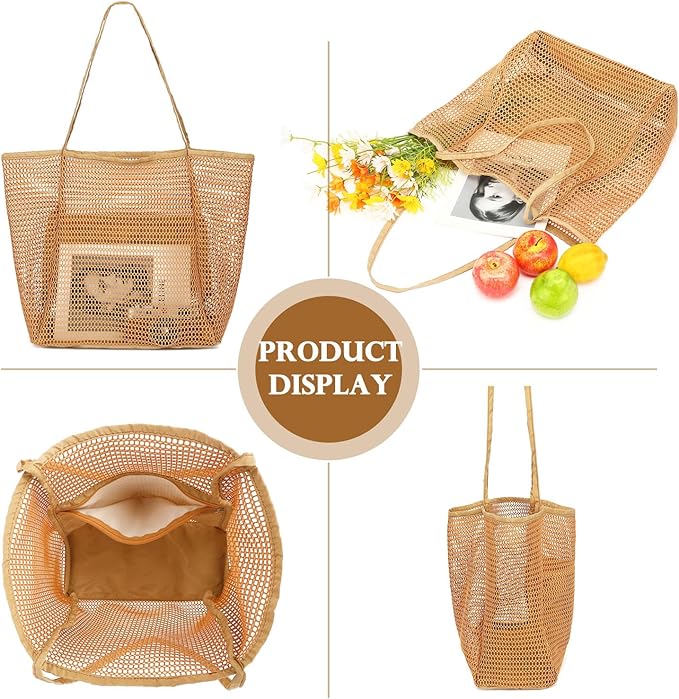 Fammart Mesh Beach Bag, Large Beach Tote with Zipper Pocket for Family Pool Bag for Toys & Vacation Essentials