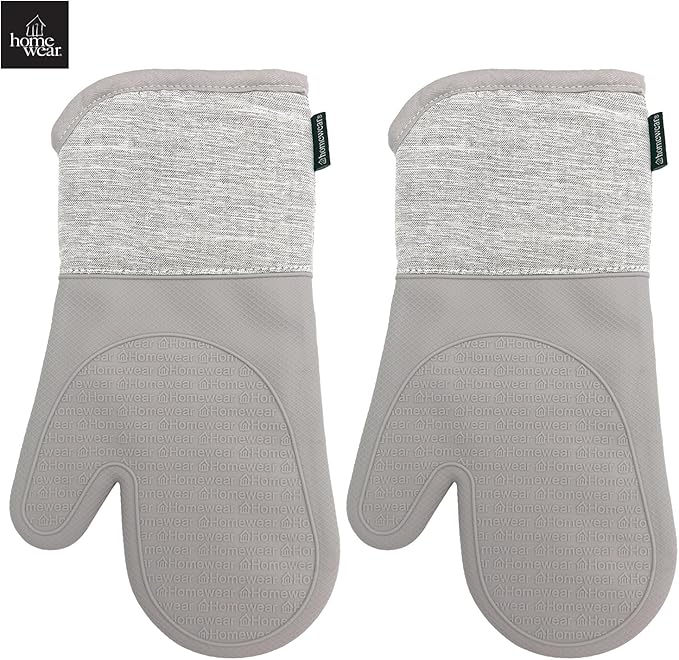 Homewear Marlow Silicone Extra Long Oven Mitt 2 Piece Set, Heat and Slip Resistant, Recycled Cotton with Soft Lining, Thick Kitchen Gloves for Cooking, Grey