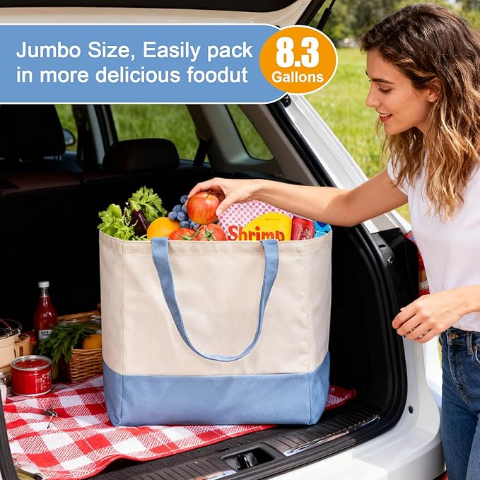 CNaiyunpin Reusable Grocery Bags Heavy Duty, 8.3 gal Foldable Large Canvas Tote Bag with Handles, Holds 60 lbs Canvas Shopping Bags, 1 Pack（Off White+Light Blue）