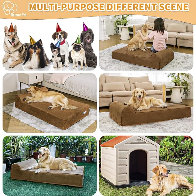 Rainmr Orthopedic Dog Beds for Large Dogs, 7" Memory Foam Dog Beds with Waterproof Liner, Durable Microsuede Cover, Removable and Washable, Nonskid Bottom, 52"x36"x7" XL Chocolate