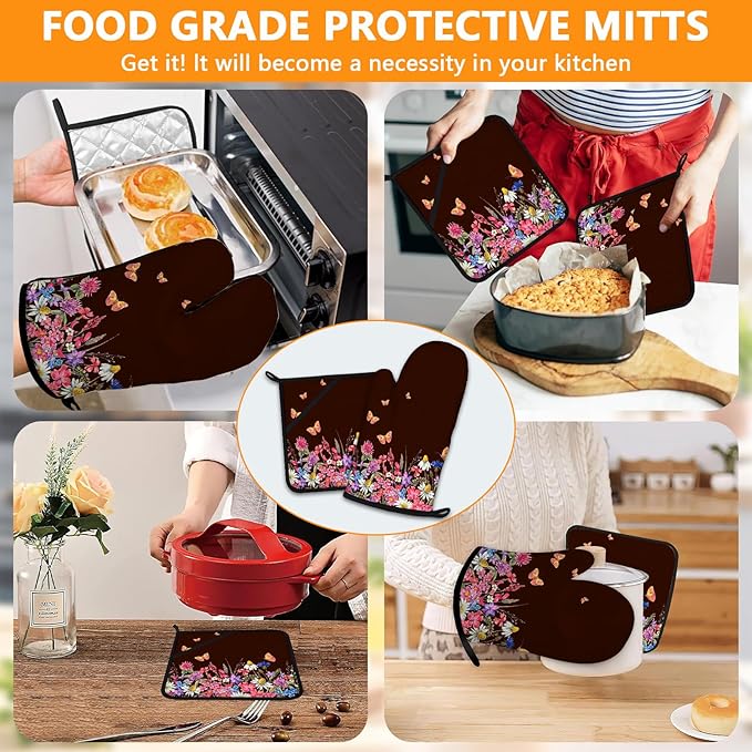 Wildflowers Oven Mitts and Pot Holders Sets 4Pcs,Extra Long Oven Gloves Potholder for Kitchen Cooking Baking BBQ 100% Cotton Heat Resistant