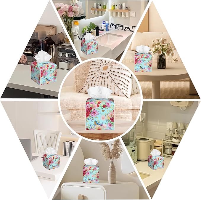 BLYKVGHQ Butterfly Square Tissue Box Cover Blue Bird and Peony Flower Tissue Box Holder Facial Cube Paper Dispenser Leather Decorative Organizer Home Office Desk Decor, 5.2"x5.2"x5.2"