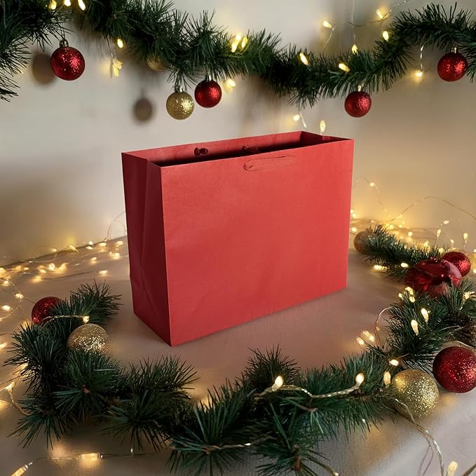 Prime Line Packaging Red Gift Bags, Kraft Paper Christmas Gift Bags with Handles for Kids, Large Holiday Paper Bags for Wrapping, Weddings, Party Favors, Bulk, 16x6x12, 50 Pack