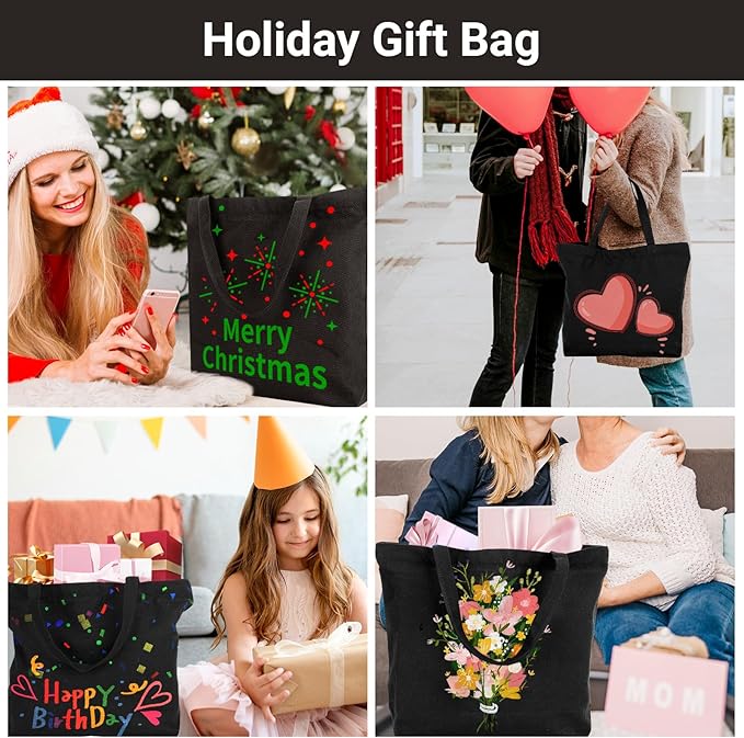 Segarty Black Canvas Tote, 6 Packs 16x15 inch Canvas Bags with Zipper, 12Oz Heavy Duty Reusable Grocery Shopping Plain Tote Bag Bulk for Women Crafts Painting Embroidery Gift