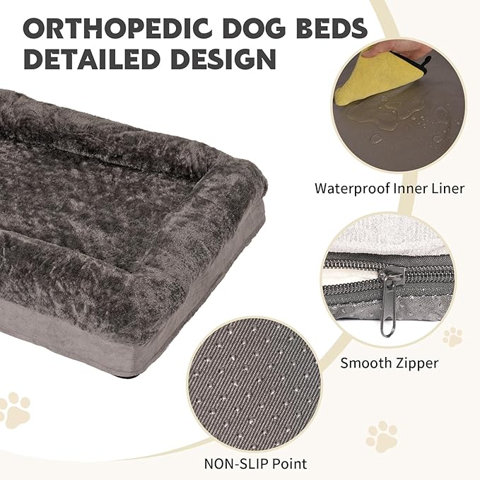 Dog Beds Waterproof Medium/Large Sized XL Foam Pet Beds Removable Washable Cover Dog Sofa Egg Crate Foam Support with Zipper Bottom Bolster Deluxe Plush Mat (Grey+34.6x26x7.5in)