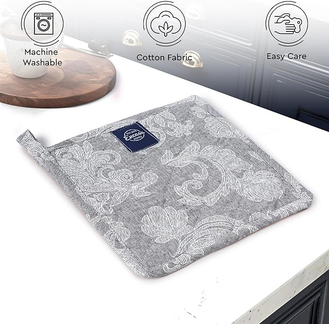 Pot Holders for Kitchen | Heat Resistant Pads | Set of 2 | Hot Dish Holder Sets | 8x8 in |for Cooking, Baking, Grilling, Microwave & BBQ, Chambray Grey by Encasa XO