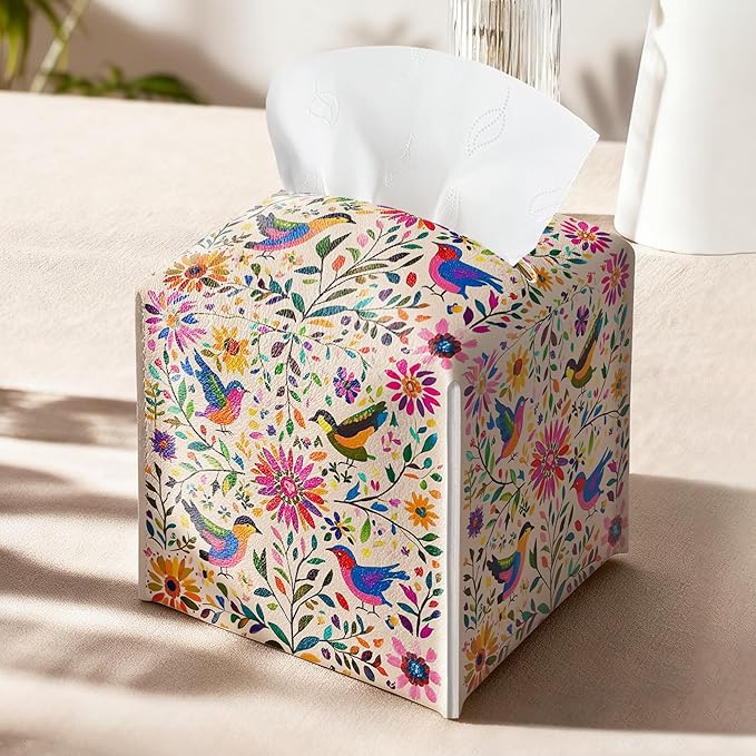 Floral Bird Tissue Box Holder, Scandinavian Leather Tissue Box Cover Square with Bottom Belt, Paper Napkins Everyday Dispenser for Bathroom Night Stands Kitchen Office Car Home Decor