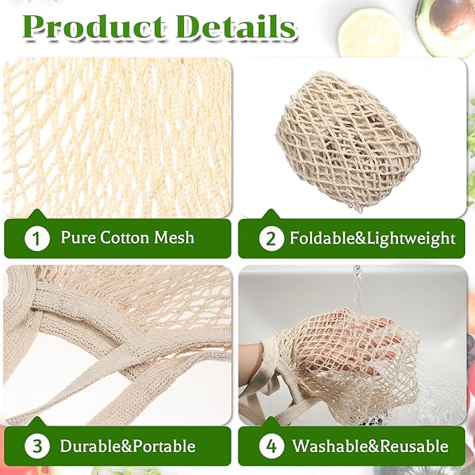 SHENLIU 12 Pack Cotton Mesh Grocery Bags Bulk, Portable Reusable Market Produce Container Washable Net Mesh Reusable Shopping Tote Bag with Handle for Vegetable Fruit Picnic