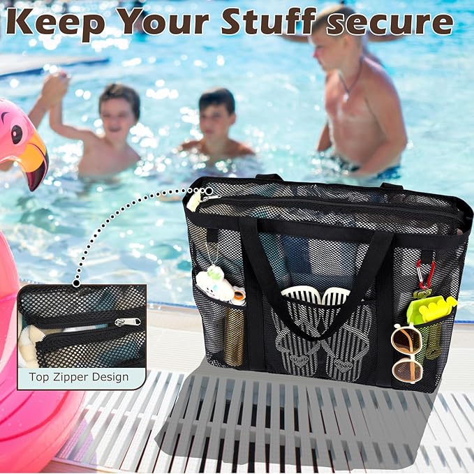 Fammart Mesh Beach Bag, Large Beach Tote Bags with Zipper, Toys Pool Bag for Family Travel Vacation Cruise Essentials