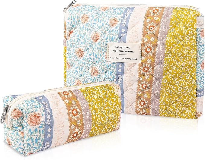 Gosect 2PC Makeup Bag Set, Cute Cosmetic Bag for Women Girls, Floral Coquette Aesthetic Toiletry Bag, Travel Make Up Organizer Bag (Color-Coded Floral)