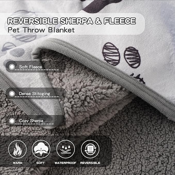 CAPT.SNOOZE Waterproof Dog Blankets Pet Blanket 50"x60", Soft Fluffy Sofa Car Bed Protector, Reversible Sherpa Fleece Dog Blanket for Large Dogs (Light Grey-Paws)