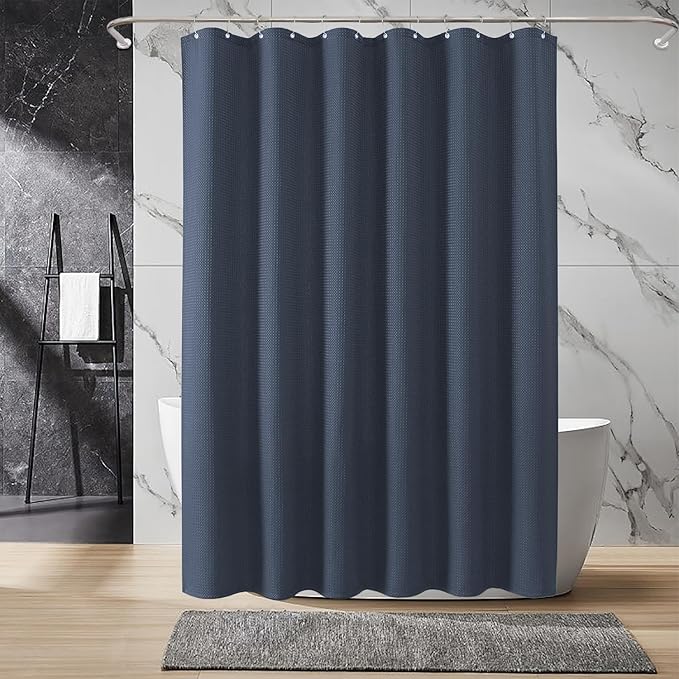 Inhousolu Fabric Shower Curtain Waffle Weave, Navy Blue 230 GSM Heavy Duty, Weighted Hem, 14 Metal Hooks, Water Repellent, Machine Washable, Hotel Spa Luxury Bath Curtain Set, 72 x 96 Inch