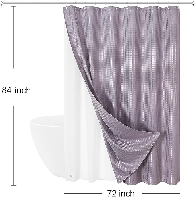 Craidlela 3 in 1 Extra Long Purple Shower Curtain Set-72 W x 84 H, Lavender Waffle and PEVA Liner Set with 12 Stainless Steel Hooks, Waterproof Fabric for Bathroom