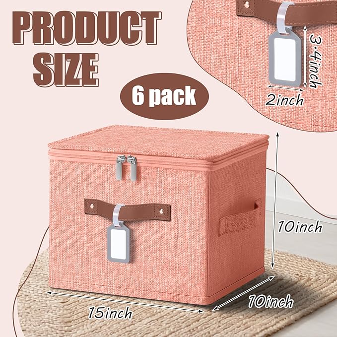 Fiwochic 6 Pack Fabric Storage Bins with Lids and Label, 10×8×7In Foldable Cotton Linen Cute Storage Box with PU Leather Handles for Closet, Bedroom, Nursery, Pink, Purple, Blue, Green, Yellow, Orange