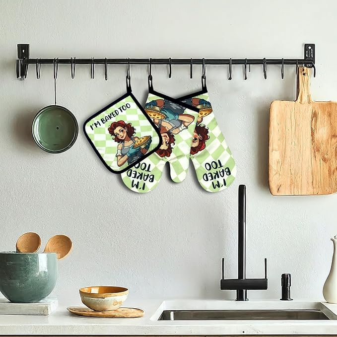 Funny Baking Oven Mitts and Pot Holders Set of 3, I'm Baked Too, Heat Resistant Non-Slip Kitchen Mitts Hot Pads, Baking Gifts for Hostess, Sweet Housewarming Gifts for Mom Wife Bake Lover