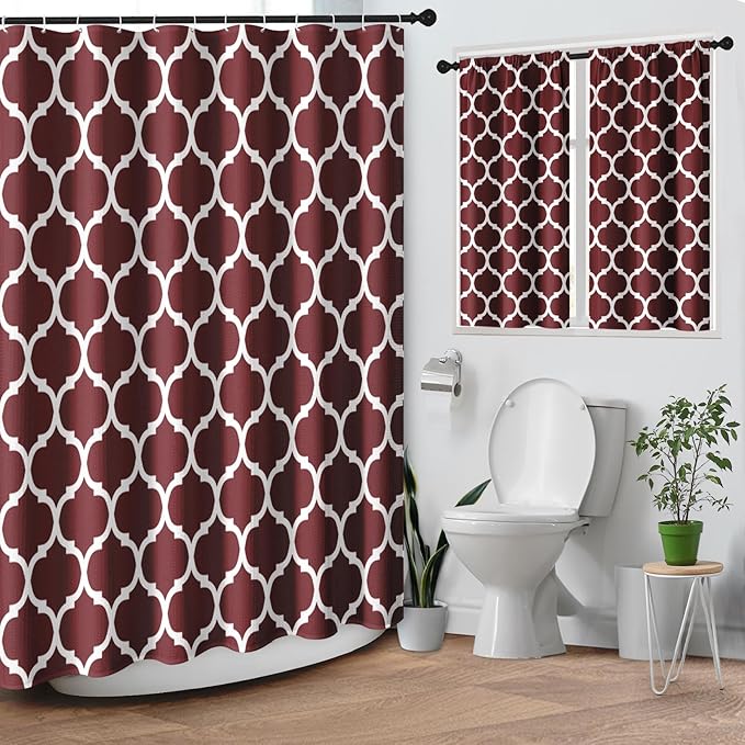 Culudea Quatrefoil Moroccan Burgundy Waffle Cloth Shower Curtain Set, Clover Grid Geometric Plaid Christmas Red Bathroom Window Waterproof Shower Curtains for Bathroom Decor
