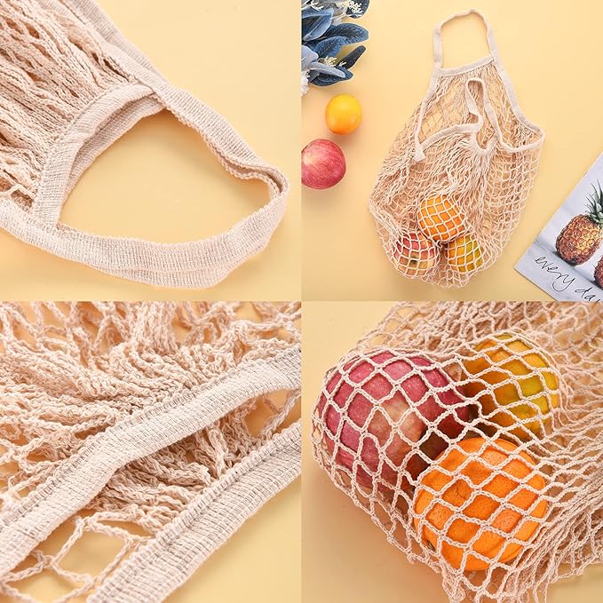 Eslazoer [2 pack] completely Cotton string storage shopping bags, Ecology Reusable and washable mesh grocery bag, Portable short handle net tote beige