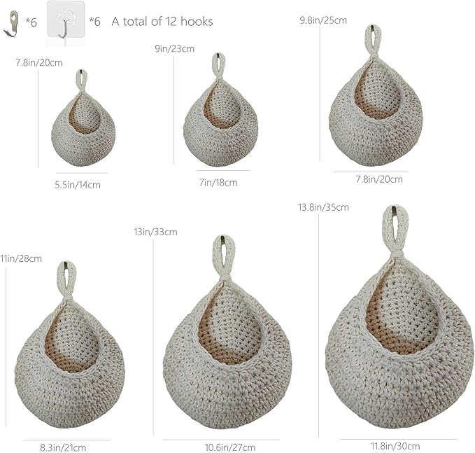 6 Pack Natural Cotton Rope Hanging Basket Hand Woven Wall Mounted Hung Fruit Vegetable Potted Plants Organizer Living Room Kitchen Boho Decor Storage Bags (6 Sizes White)