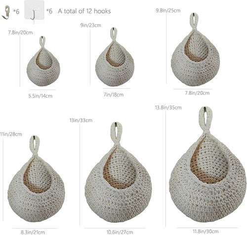 6 Pack Natural Cotton Rope Hanging Basket Hand Woven Wall Mounted Hung Fruit Vegetable Potted Plants Organizer Living Room Kitchen Boho Decor Storage Bags (6 Sizes White)