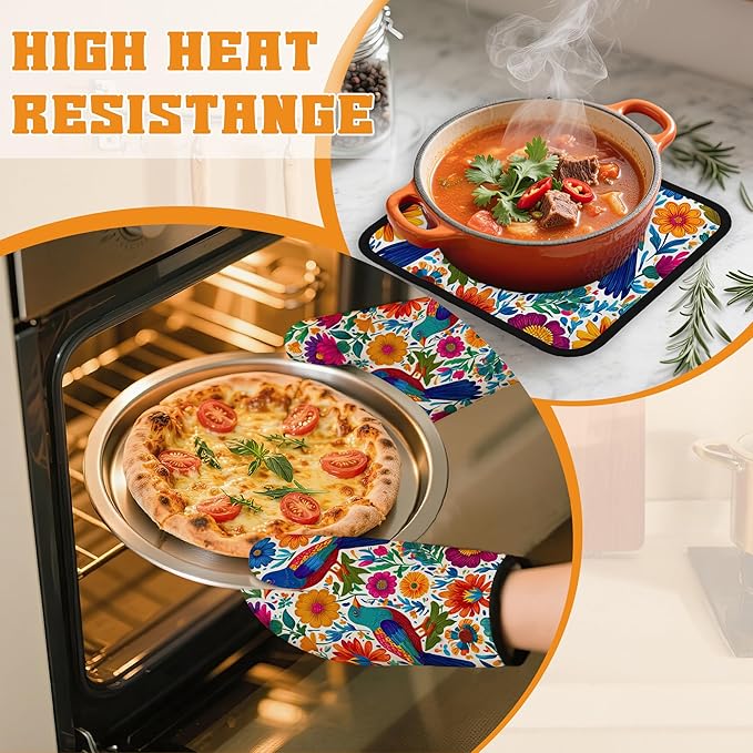 Colorful Bird Oven Mitts and Pot Holders,Flowers Mexican Style Heat Resistant Oven Mitts Gloves and Pot Holder for Home Kitchen Decorations Cooking Baking BBQ Gifts,Set of 4