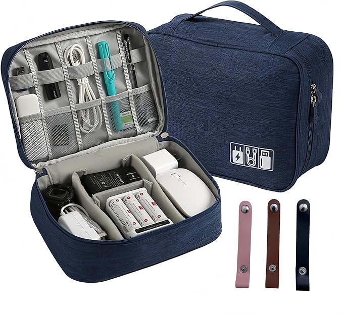 3-Wfinfing Single-layered Electronic Accessory Storage Tote | Data Cable Organizer | 3 Leather Straps + Adjustable Organizer Layers | Waterproof Travel Electronics Bag (Navy blue single)