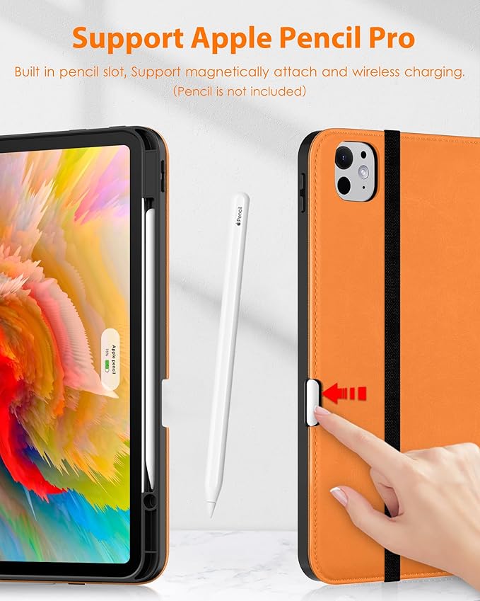 DTTO for iPad Pro 13 inch Case (M5/M4) 2025/2024, Premium Leather Business Folio Stand Cover with Pencil Holder - Auto Wake/Sleep & Multiple Viewing Angles, Built in Hand Strap & Pocket, Orange