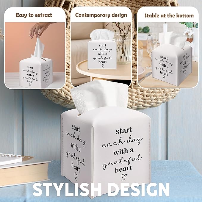 Leather Decorative Tissue Box Cover Square, Cube Tissue Box Cover Holder, Inspirational Gifts Ideas for Bestie, Start Each Day with A Grateful Heart, Bathroom Office Decor -(5.2 Inches) A44