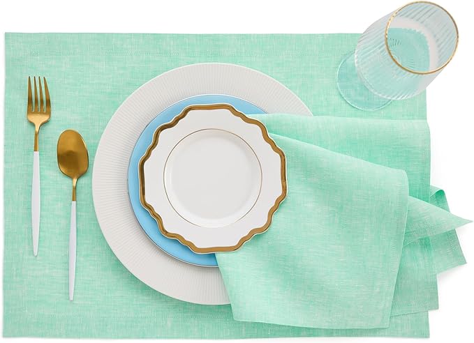 Solino Home Linen Cloth Napkins Set of 4-100% Pure Linen Chambray Aqua Dinner Napkins 20 x 20 Inch for Winter, Spring, Easter - Athena, Handcrafted and Machine Washable