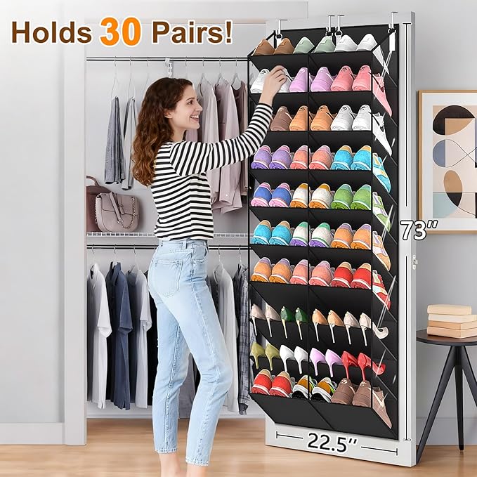 UVIAHOMI 30 Pairs Over the Door Shoe Organizer, Clear Pockets Hanging Shoe Storage for Closet, 10-Tier Door Shoes Rack Storage, Handing Shoes Holder Fit All the Family's Sneakers, Boots, Heels, Black