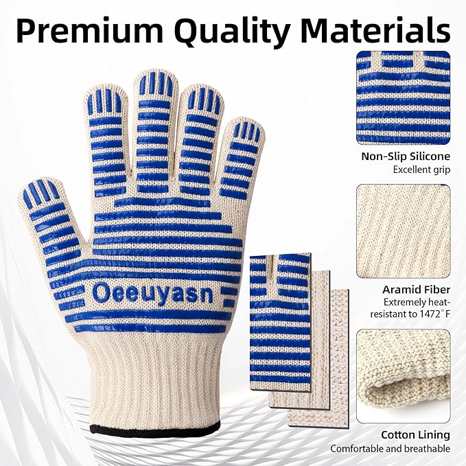 2PCS Super Heat Resistant Oven Gloves, 1472℉ High Temp BBQ Grill Gloves, Silicone Non-Slip Oven Mitts with Fingers, for Barbecue, Grilling, Cooking, Baking
