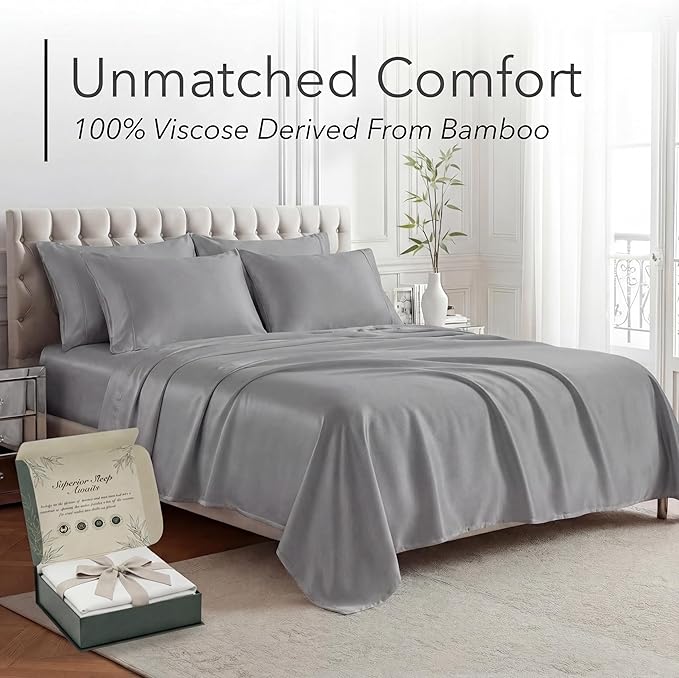 DECOLURE 100% Viscose Derived from Bamboo Sheets Full Size - Luxury 6 Pc Naturally Cooling Sheets, Ultra Soft Bed Set - Deep 17" Pockets, Durable Double Stitching, Oeko Tex Standard (Midgrey)