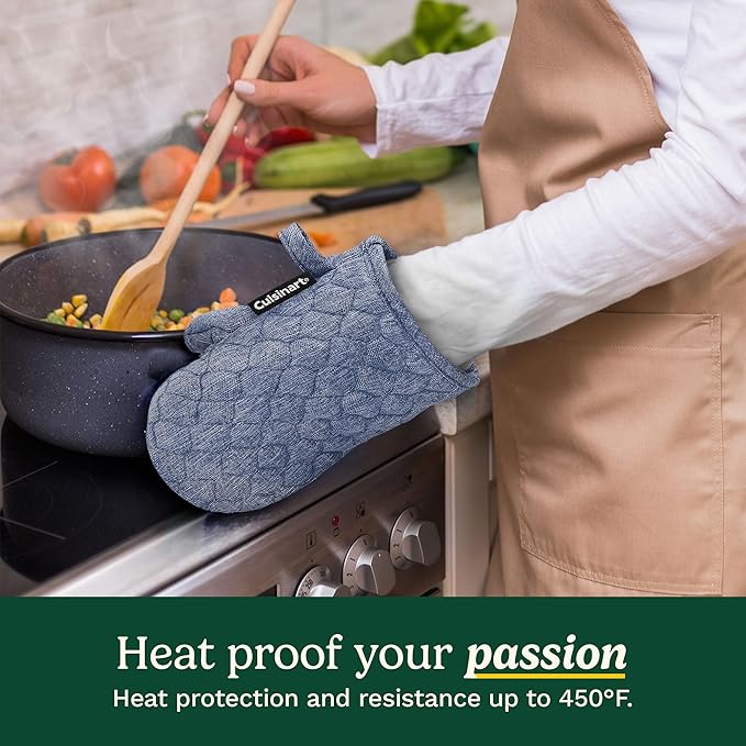 Cuisinart ShieldPro Silicone Oven Mitts – 5” x 8.5” Heat-Resistant Mini Kitchen Mitts for Oven with Non-Slip 100% Silicone Palm, Cotton Filling, and Hanging Loop (Indigo Blue)