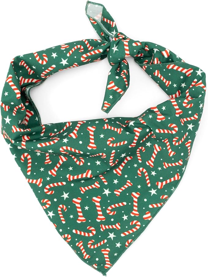 THE WORTHY DOG Classic Tie-On Dog Bandana – Soft Cotton Flannel Square Pet Bandana, Candy Cane Pattern, Green, Small