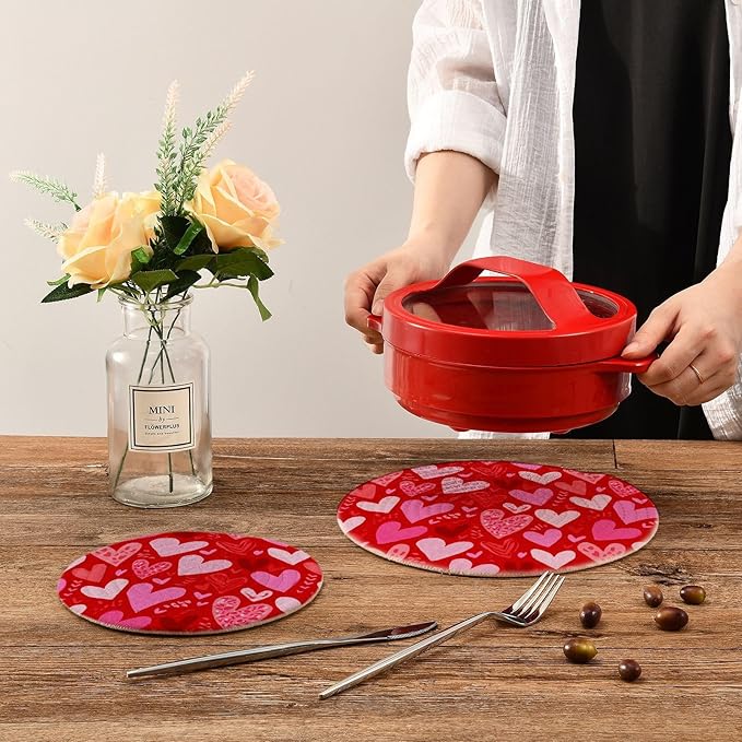 Red Pink Heart Trivet Mat 2PCS Valentine's Day Round Woven Potholders Kitchen Table Countertop Protector Hot Pads Farmhouse Coasters Counter Mats for Cooking Baking