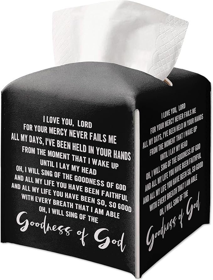 Christian Decorative Tissue Box Cover Square, Black Tissue Box Cover Leather, Inspirational Quote Gift Ideas for Family Friends, Goodness of God Decor for Bathroom Office-(5.2 Inches)