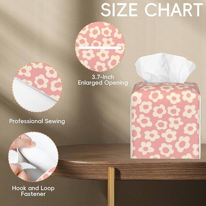 Tissue Box Cover Leather Tissue Box Holder Cube Tissue Case Cover Facial Paper Organizer Dispenser for Bathroom, Vanity Countertop, Office Desk (Vintage Groovy Flowers)