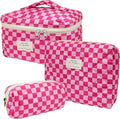 Cozomga Quilted Makeup Bag, Large Capacity Travel Cosmetic Bag for Women and Girls, Aesthetic Storage for Daily and Travel Use (3pcs-PinkChecker)