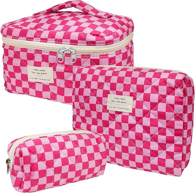 Cozomga Quilted Makeup Bag, Large Capacity Travel Cosmetic Bag for Women and Girls, Aesthetic Storage for Daily and Travel Use (3pcs-PinkChecker)