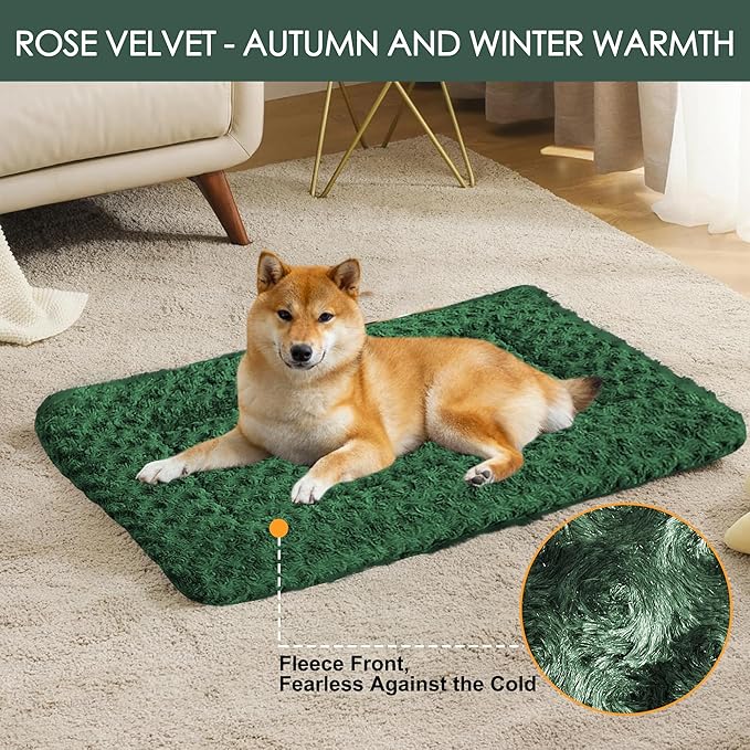 WITTOP Washable Dog Bed Plush Orthopedic Outdoor Crate Mat with Non-Slip Bottom,Luxe Soft Kennel Pad for Pets,Cozy Cage Cushion & Pet Sleeping Mattress Large Sized,Medium,Small Dogs,30 x 20 inch,Green