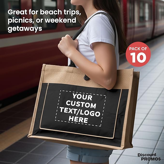 DISCOUNT PROMOS Custom Jute Tote Bags with Cotton Pocket Set of 10, Personalized Bulk Pack - Reusable, Great for Picnic, Camping, Beach, Outdoor Activities - Black